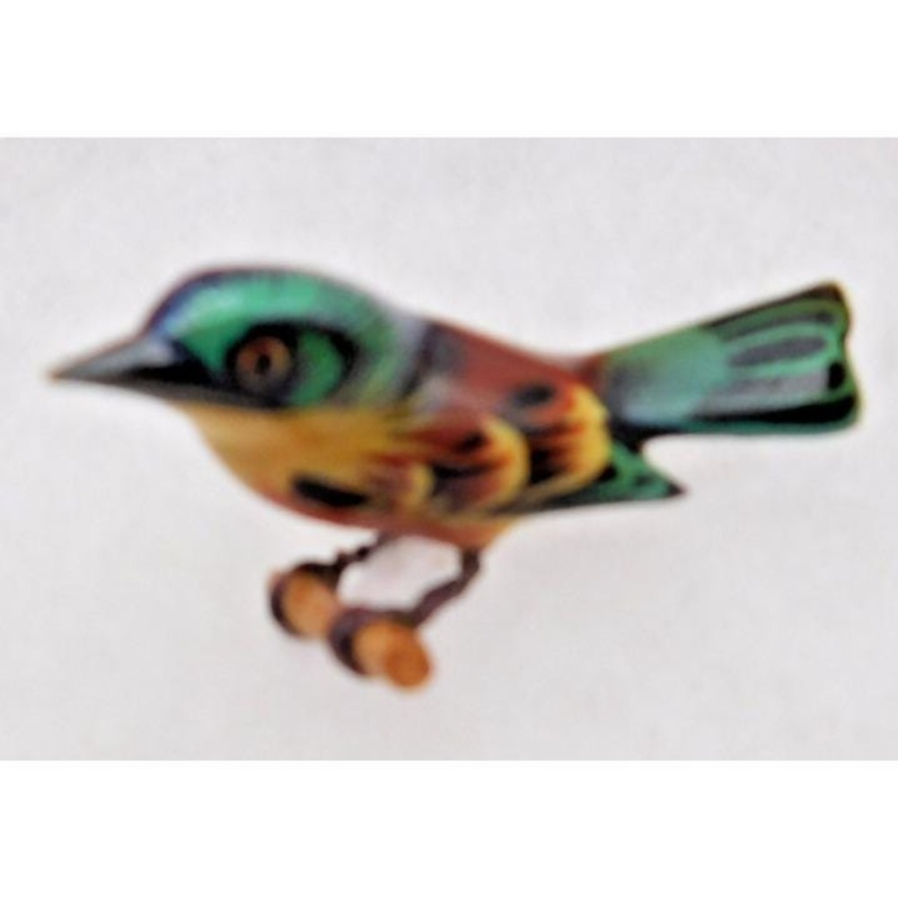Takahashi Rare Vintage Hand Carved Hand‎ Painted Wood Multicolor Bird Brooch Pin